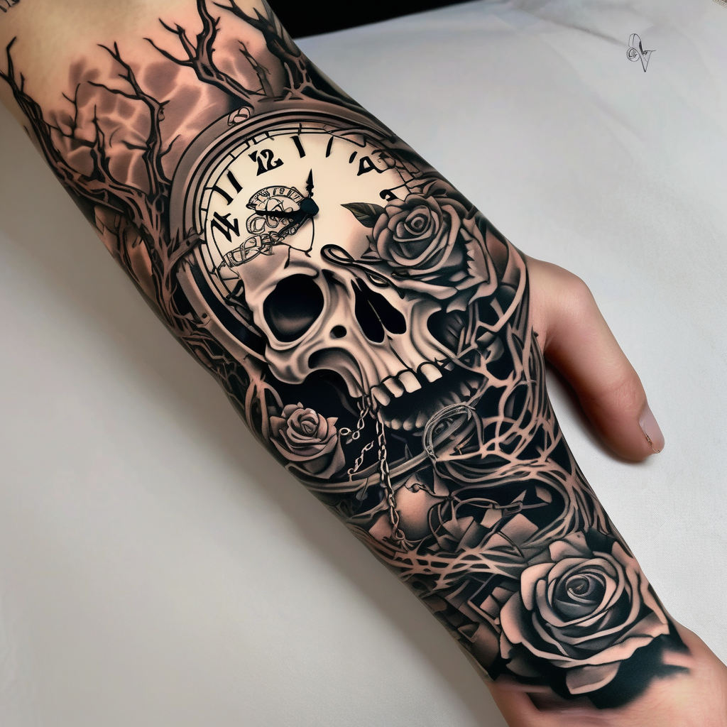 tattoo sleeve, tree roots break out of the chains at the bottom of the hand, Symbolizing loss, an image of a broken mask, Clock with flying numbers, girl, skull, roses english dragon tattoo, AI-generated Japanese tattoo design